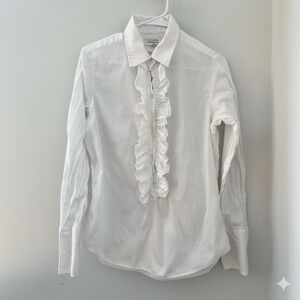 Nili Lotan White Ruffle Tuxedo Style Long Sleeve Button Up Shirt Cotton Sz Large